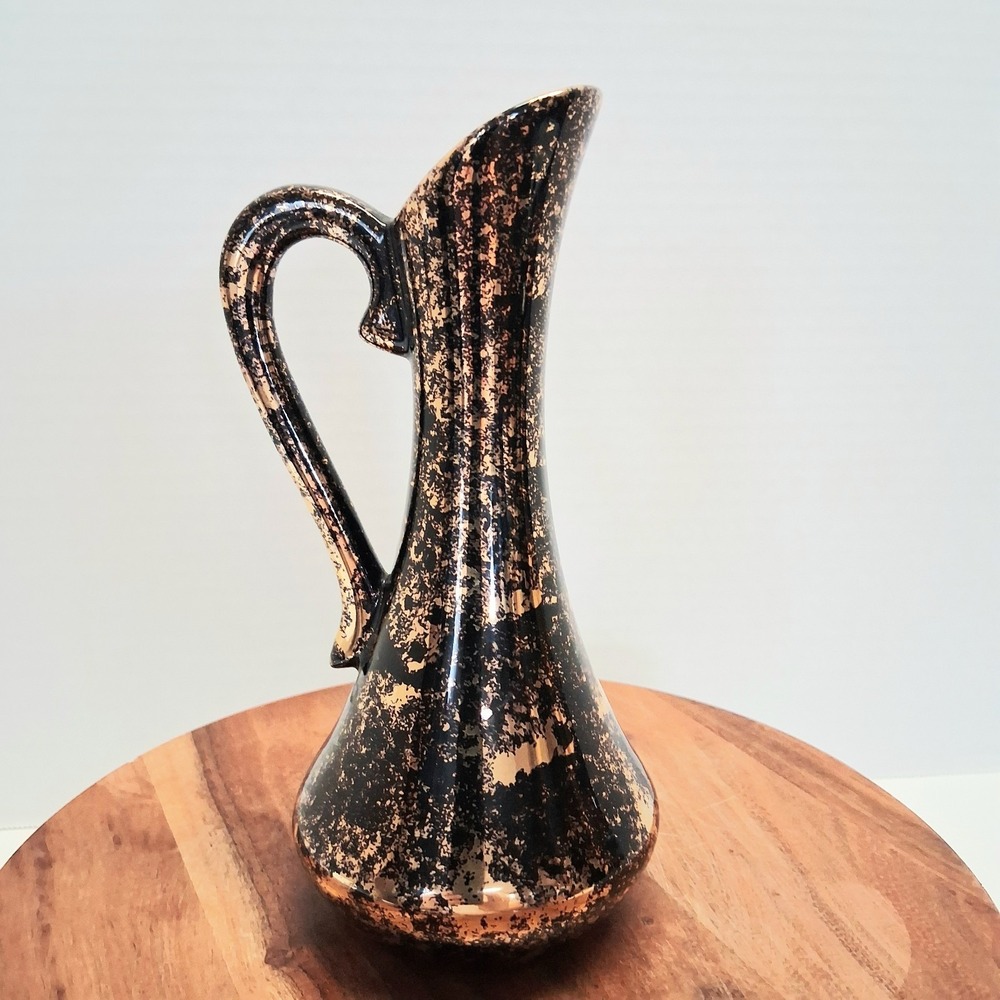 VTG 1950's MCM Weeping Gold Ceramic Pitcher Ewer Vase Black Splatter 22kt Gold